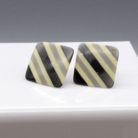 Vintage Neutral Stripe Earrings in Black White and Gray, Rounded Square Lucite - Picture 2 of 4